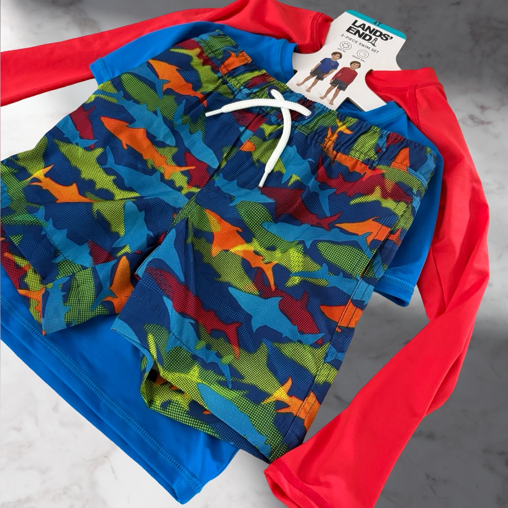 Lands' End Kids Swim 3 Piece Set - Blue And Red Size 4t